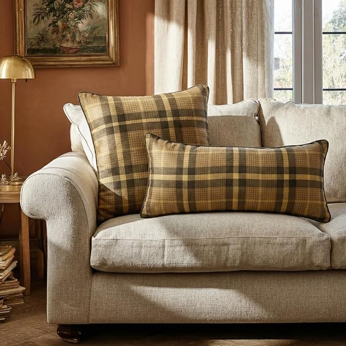 bilin gaier Designer Linen Throw Pillow Covers,28"x12" Set of 2-Seville BN | Vintage Elegant Rectangle Pillow Cover,Concealed Zipper,Plaid Print Pattern,Sofas,Bedroom,Living Room,Lounge Chairs