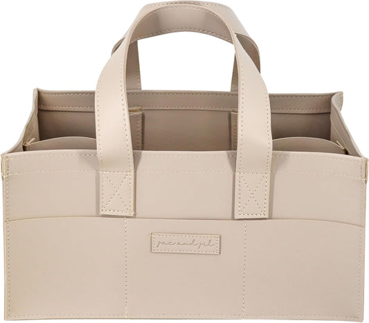 Premium Vegan Leather Baby Diaper Caddy Organizer – Portable Storage Basket for Newborn Essentials, Changing Table, Nursery, Car & Travel, Gifts for Baby Shower (Teddy Beige)