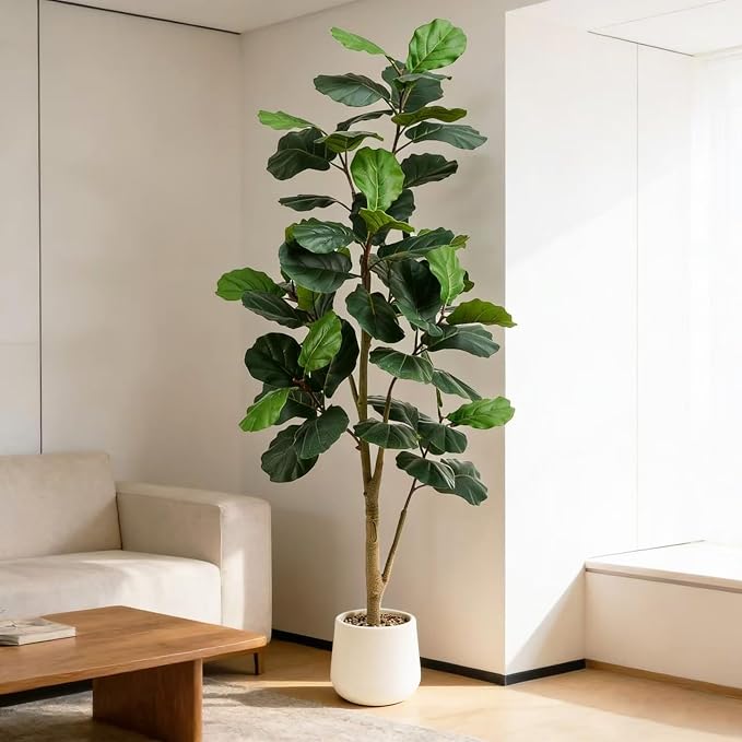 Artificial Fiddle Leaf Fig Tree 6FT, 72 Inch Tall Faux Ficus Lyrata Fake Floor Plant with White Planter & Pebbles, Large Realistic Fig Tree for Indoor Home Office Living Room Decor
