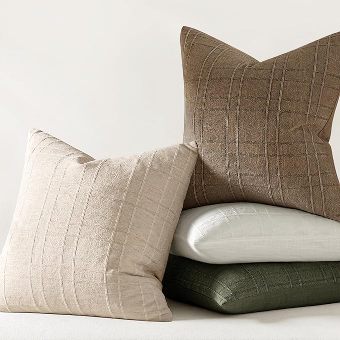 MIULEE Decorative Linen Check Euro Shams Throw Pillow Covers Neutral Farmhouse Vintage Pillow Covers 24x24 Set of 2 Boho Modern Home Decor for Sofa Couch Bedroom Cushion Natural Beige