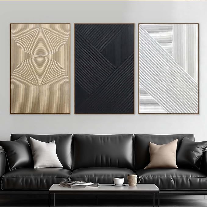 Large Boho Textured 3D Wall Art Neutral Set of 3-24"x36" Hand-Painted Abstract Framed Paintings for Living Room, Bedroom - Modern Minimalist Black White Neutral Boho Decor