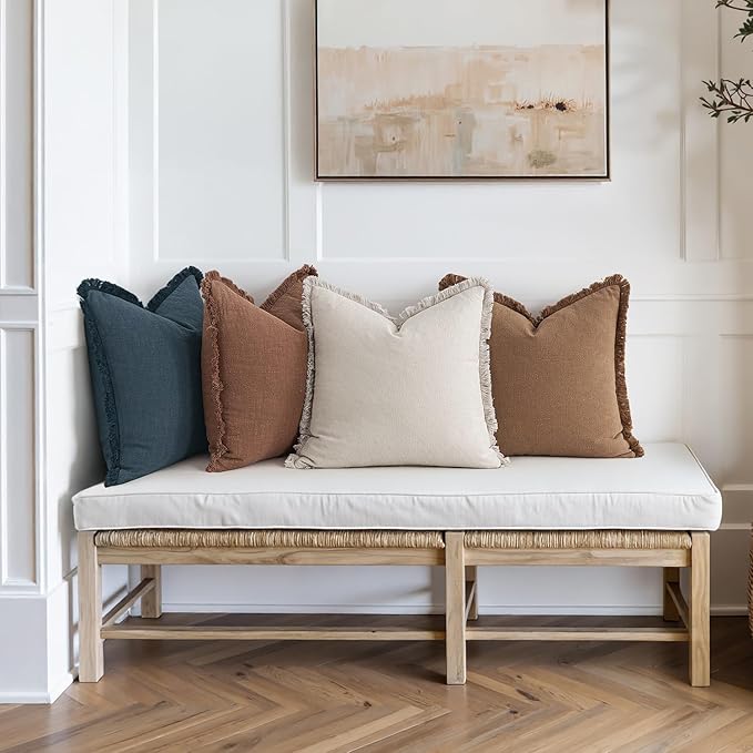 MIULEE Decorative Couch Pillow Covers Neutral Linen Fringe Throw Pillows Set of 4 Modern Rustic Cushions Boho Farmhouse Pillowcases for Bed Sofa Living Room Spring Decor 18x18 Inch Beige/Brown/Blue