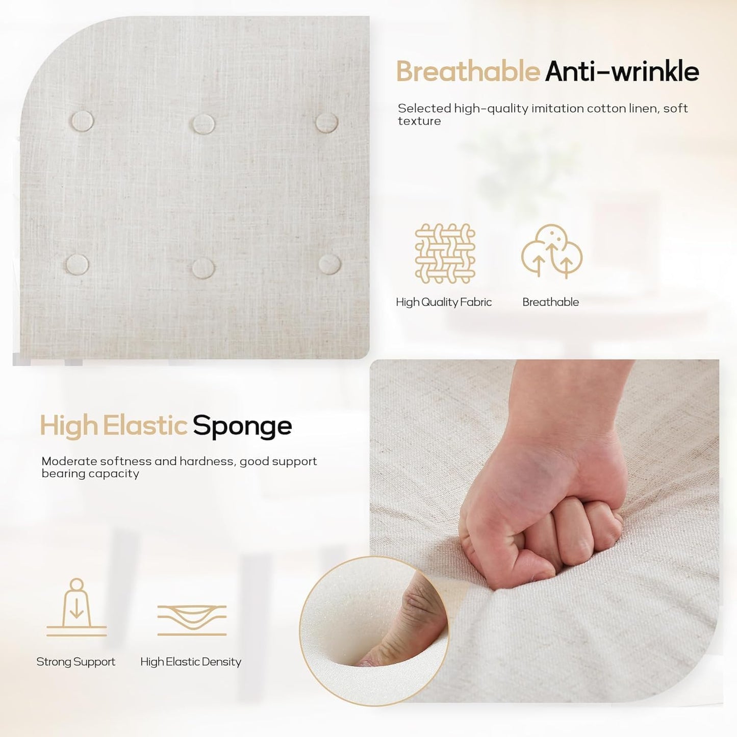 HUIMO Accent Chairs Set of 4, Upholstered Button Tufted Armchair, Linen Fabric Sofa Chairs for Bedroom, Living Room, Mid Century Modern Comfy Reading Chair (4, Beige)