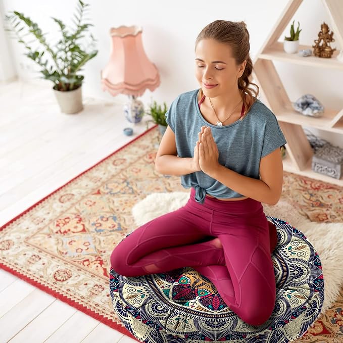 Mandala Meditation Cushion, Boho Meditation Mat, Meditation Pillows for Sitting on Floor, Cushions for Sitting in Home and Outdoor, Round Floor Pillows Cushion Seating for Yoga Accessories 22'' X 22''