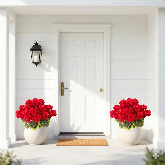lovemoon 2 Pcs Geranium Potted Artificial Flowers, 19" Fake Geraniums Plants UV Resistant Silk Potted Plants for Outdoor Home Décor Office Porch Garden Decor (2, Red)