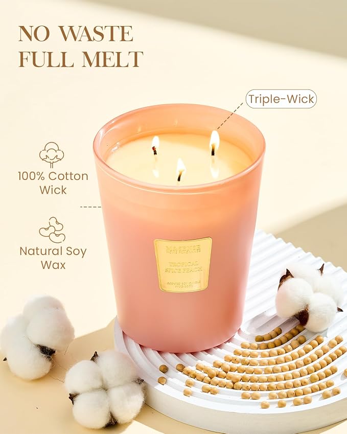 M&SENSE Tropical Spice Peach Soy Candle, 35oz 3-Wick, Summer Scent Gift | 150H Long Burn, Non-Toxic, Large Jar, Fruity Home Fragrance, Stress Relief, Relaxation Gifts for Women