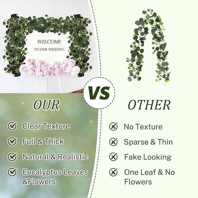 YIJXPOIN 6Pcs Eucalyptus Garland, 6FT Green Flower Garland Decor, Artificial Faux Eucalyptus Leaves Greenery Vines for Table Runner Wedding Bedroom Mantle Centerpieces Backdrop Decorations