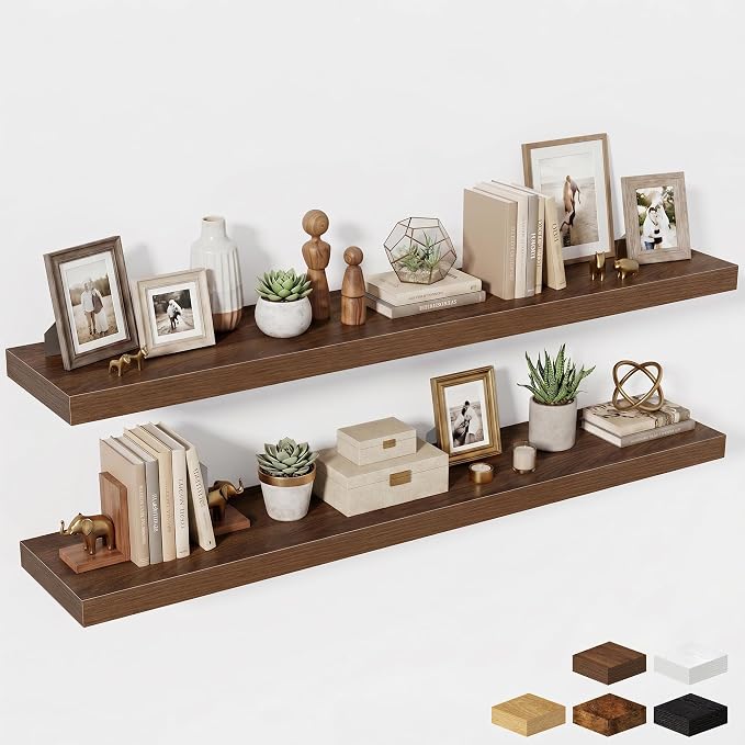 Fun Memories 72 Inch Fireplace Mantel Shelf, 12 Inch Deep Shelves for Display & Wall Storage, Rustic Wood Wall Shelf, Extra Long Floating Shelves for Living Room Laundry Room, Walnut, Set of 2