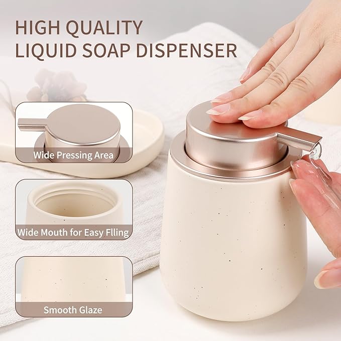 BosilunLife Ceramic Bathroom Accessories Set 3 Pcs, Liquid Soap Dispenser and Toothbrush Holder with Tray, Modern Farmhouse Vanity Decor, Apricot Housewarming Gift