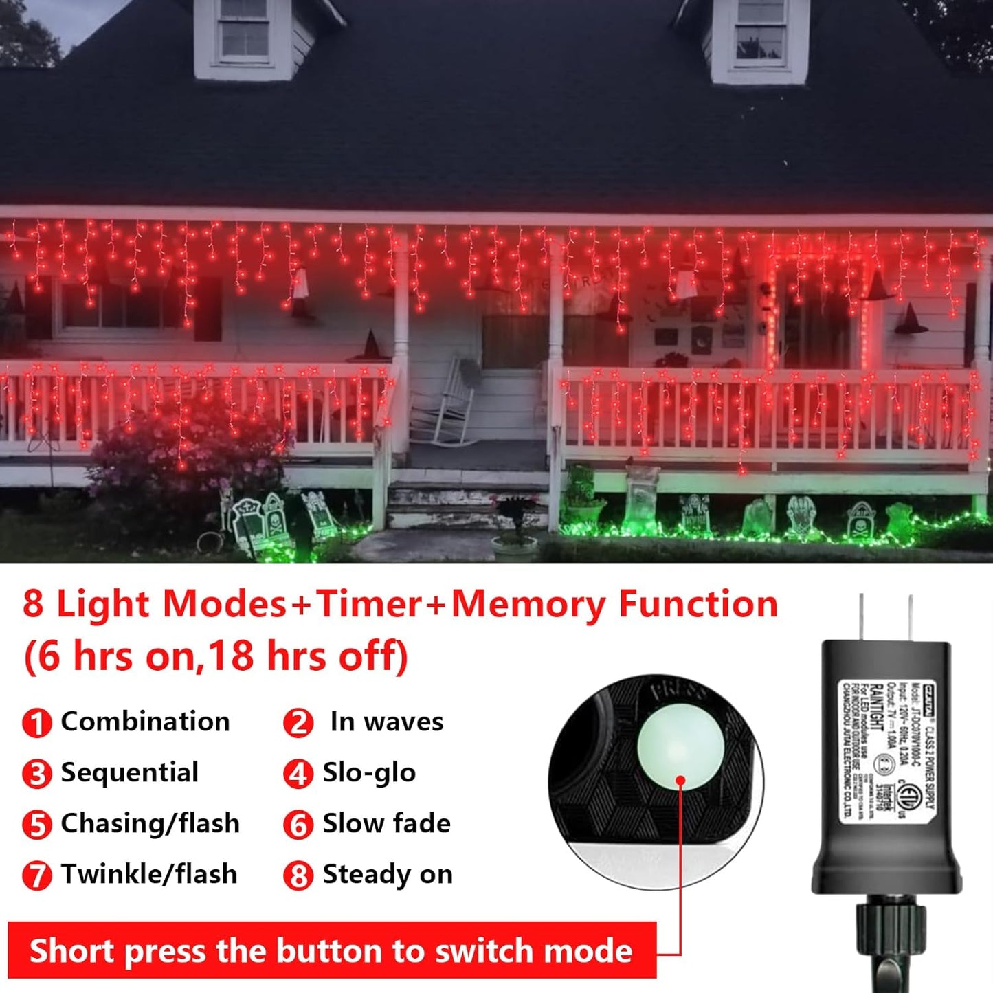 QITONG Red Halloween Lights for Outside, 33ft 400 LED Icicle Light with 8 Modes, 80 Drops Clear Wire Connectable Christmas Lights Indoor Plug in
