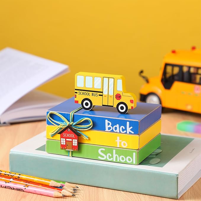 Pinkunn 4 Pcs Back to School Table Decorations School Bus Wooden Tiered Tray First Day Centerpieces for Office Classroom Teacher Desk Shelf