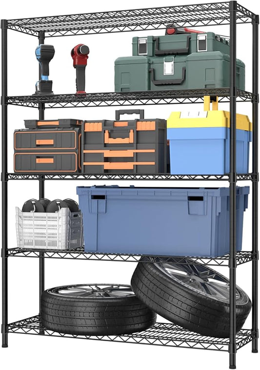 Golpart 5 Tier Adjustable Storage Shelves Heavy Duty Metal Utility Shelf 1750LBS Capacity Wire Shelving Unit Organizer Rack for Home Kitchen Garage Pantry Room 18" D x 46" W x 77" H Black
