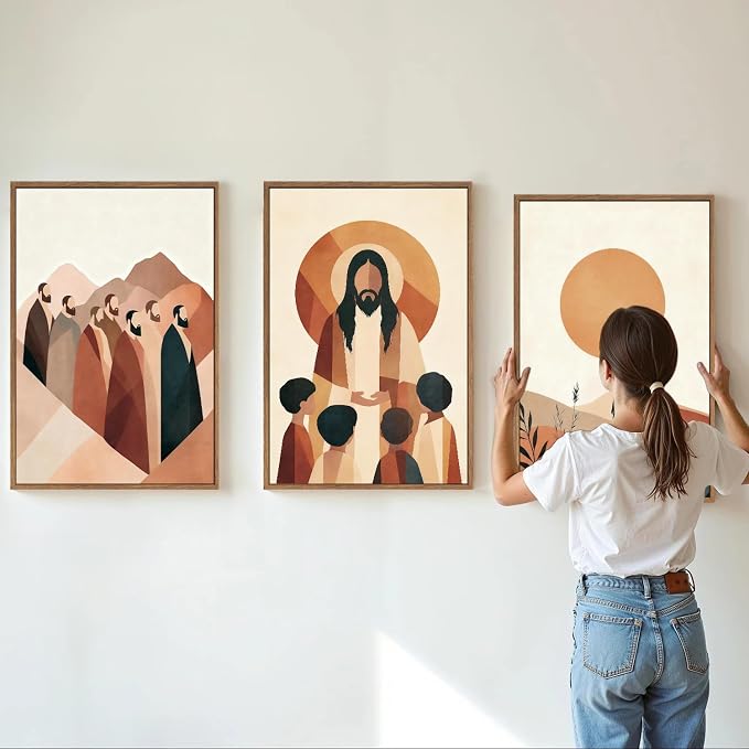 KYLESONLIE Large Jesus and Disciples Framed Canvas Wall Art Set, Boho Christian Bible Posters Wall Decor, Minimalist Religious Faith Art Paintings for Living Room Bedroom Dining Room Church 16"x24"x3