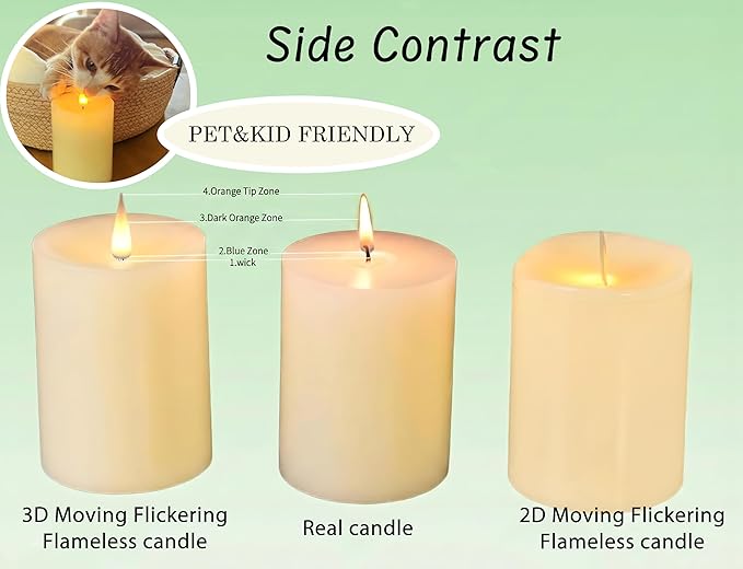 Flameless Pillar Candles Flickering with Remote Timer, Battery Operated LED Candles Up to 400 Hours, 3D Moving Flame Real Wax Candles. (Ivory with Art Water)