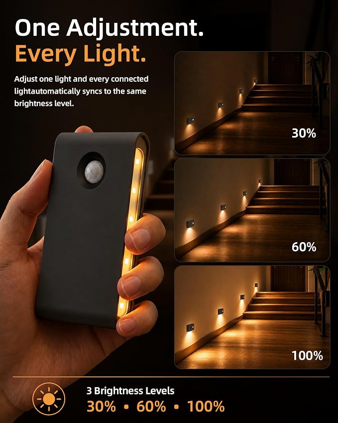 EZVALO 6 Pack Motion Sensor Night Lights with Charging Station, Sync LED Stair Lights Indoor, 1500mAh Rechargeable, Magnetic & Dimmable, 3000K Soft White, Portable Nightlight for Hallway (Black)