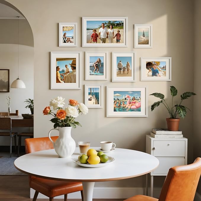 HappyHapi 5x7 Picture Frames Set of 10, White Picture Frames Display Pictures 4x6 with Mat or 5x7 Without, Tabletop or Wall Display, Multi Photo Frames Collage (White)