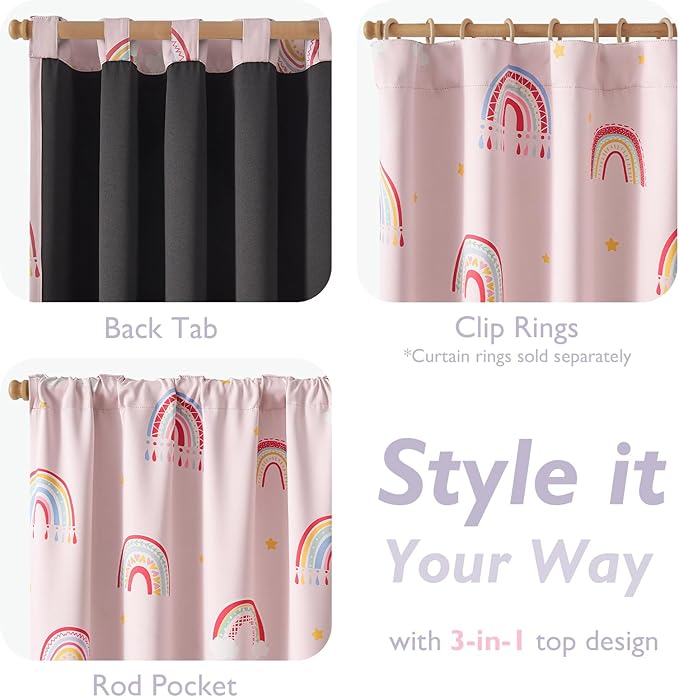 Vangao Blackout Curtains for Kids Bedroom Rainbow Pink Nursery Curtains 63 Inch Length Short Drapes for Teen Girls Thermal Insulated Room Darkening Boho Light Blocking for Living Room Set of 2