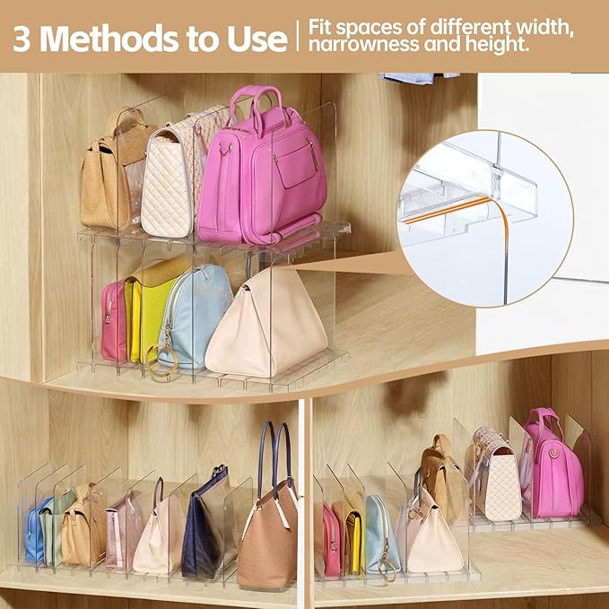 PAVSTINE Purse Organizer for Closet, Stackable Handbag Storage Shelf, Adjustable Clear Shelf Dividers, Keep Clutch, Bag, Pocketbook Upright, for Bedroom (Clear)