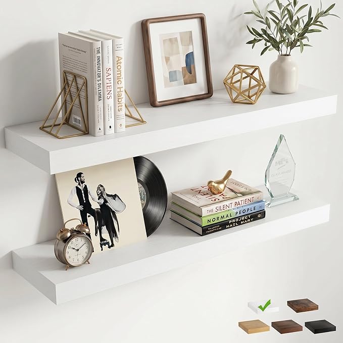 32 Inch Floating Shelves for Wall, 8"D Wood Storage Shelves, White Finish | Engineered Wood, Invisible Bracket, Large Storage, Easy Install, Hold Up to 55lbs, Living Room, Bathroom, Bedroom, Kitchen