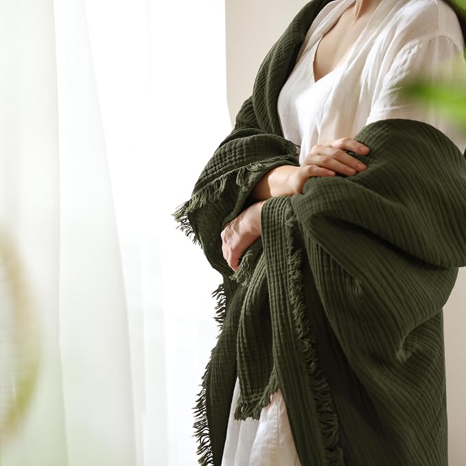 MooMee Muslin Blanket - 100% Cotton 4-Layer Gauze Throw Blanket with All-Around Fringe, Soft Breathable Lightweight Cooling Summer Blankets for Bed Couch (Olive Green,Throw 60" x 50")