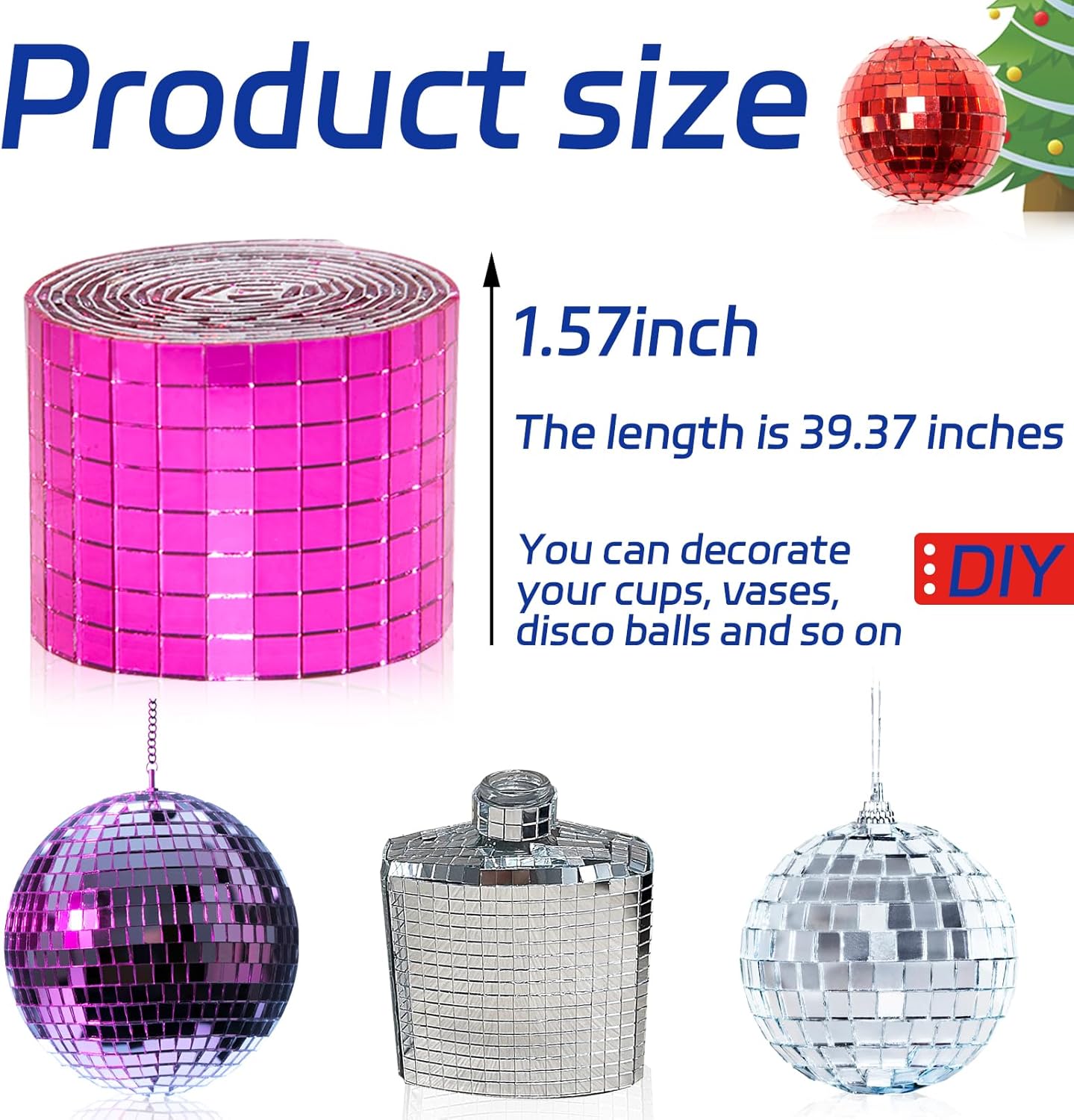 Self Adhesive Disco Ball Tiles, 3200 Pieces Rose Red Mirror Mosaic Tiles, 5 x 5 mm Glass, Modern Contemporary Style, Multi-Surface, Roll, 2 Rolls (Rose Red)