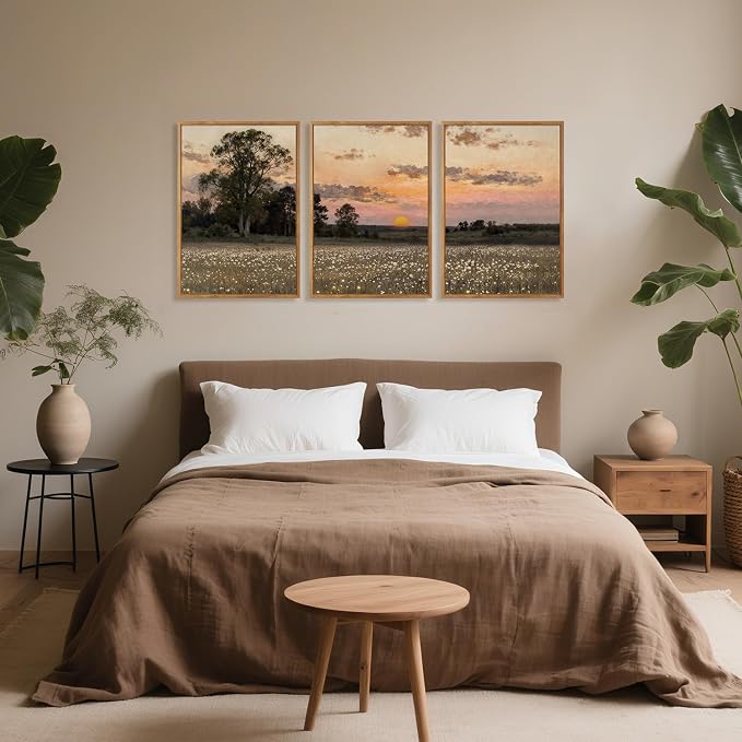 TOARTi Large Framed Countryside Landscape Canvas Wall Art, Wildflower Sunset Fireflies Painting Art Prints,Vintage Farmhouse Natural Scenery Wall Decor for Living Room Bedroom Office-16”x24”x3