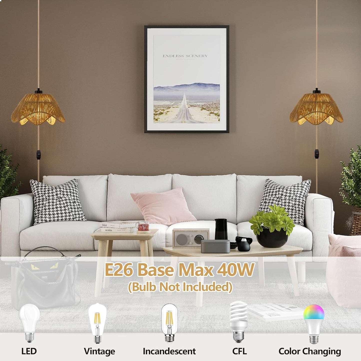 Plug in Pendant Light, Boho Rattan Hanging Lights with Plug in Cord,Rustic Hand Woven Wicker Hanging Lamp with On/Off Switch, Adjustable Plug in Ceiling Light for Kitchen Bedroom Living Room