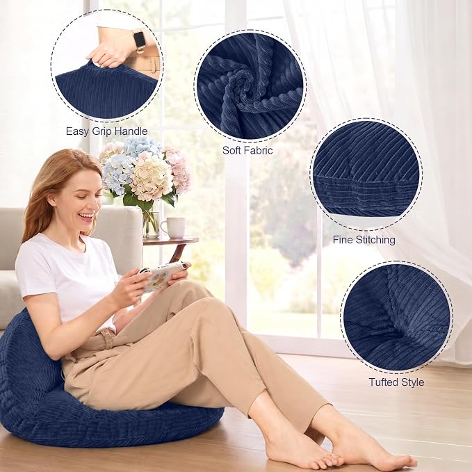 Meditation Cushion, 32 Inch Large Round Floor Pillow, Navy Blue | Soft Tufted Corduroy Meditation Pillow for Adults with Handle for Yoga, Cozy Meditation Mat for Reading and Tatami Seating