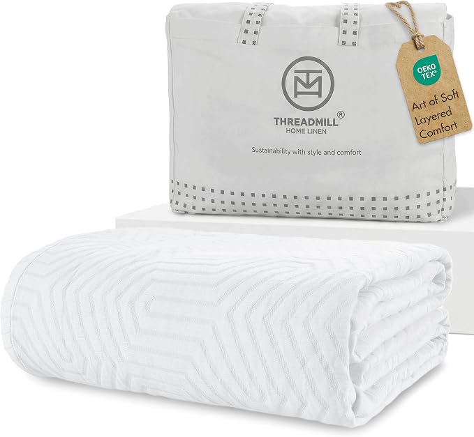 Threadmill Luxury Cotton Blankets for Queen Size Bed | All-Season 100% Cotton Queen Size Blanket | Aster Jacquard Cozy Lightweight, Soft Breathable Coverlet fits Full Size Bed, 90x92 | White