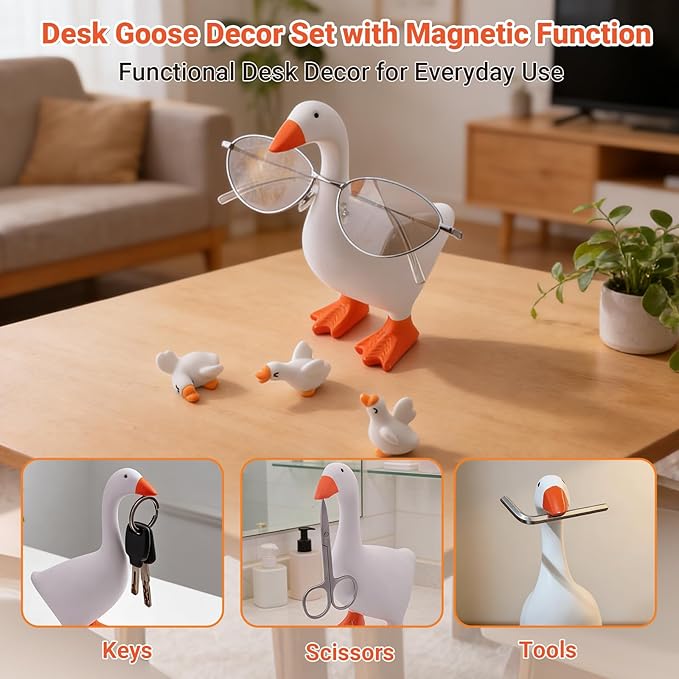 Desk Goose 7 Inch - Desktop Goose with 3 Mini Goose Statues Figurines, Magnetic Beak, Funny Desk Decor for Office and Home, Table Gift Idea for Women Friends Coworkers