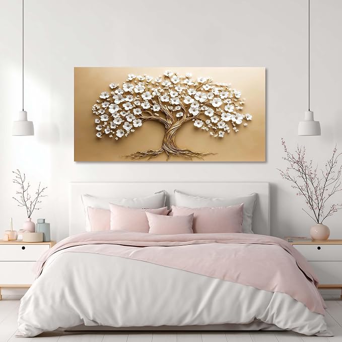 Ggaafet White FLower Tree Wall Art for Bedroom Canvas Oil Painting Prints Beautiful Floral Blooming Art Deco Modern Artwork Office Family Dining Room Decor
