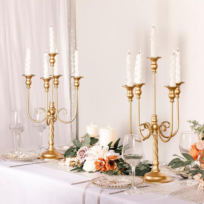19.7in Gold Candelabra Centerpieces for Tables, 2Pcs Metal Tall Candle Holder for Taper Candles, 5 Arm Candlestick Holder for Wedding Centerpiece Decor Party Event Reception Decoration