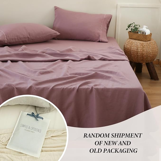 Simple&Opulence 100% French Linen Pillowcase King Size-Set of 2- Washed Solid Color Pillow Cases Embroidered -Soft and Durable (Purple, 20''x40'')