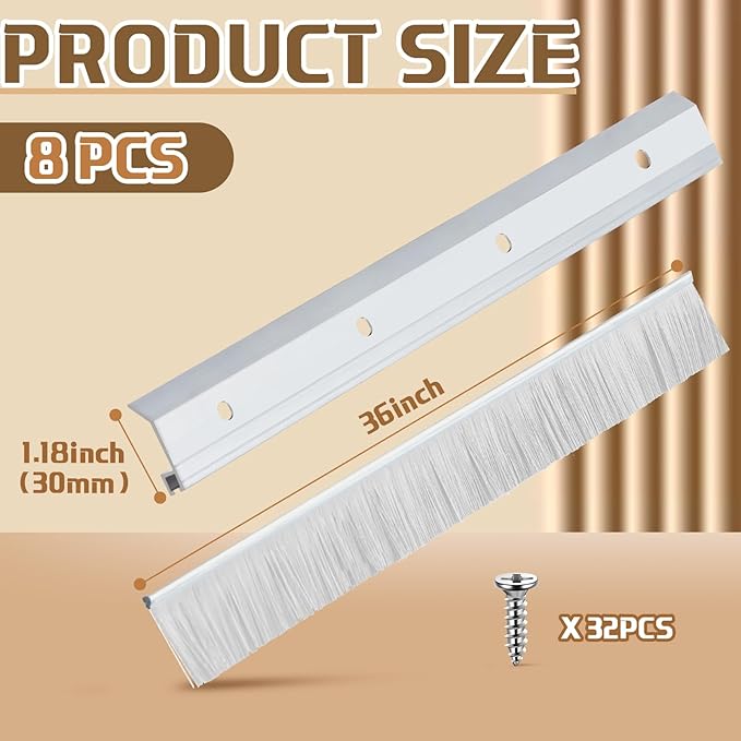 Hushee 8 Pcs 36 Inches Brush Door Sweep for Exterior, Aluminum Commercial Door Sweep Bottom All-Season Alloy Brush for Exterior and Interior Sealing Gaps Keeps Cold Air, Dust Out (White)
