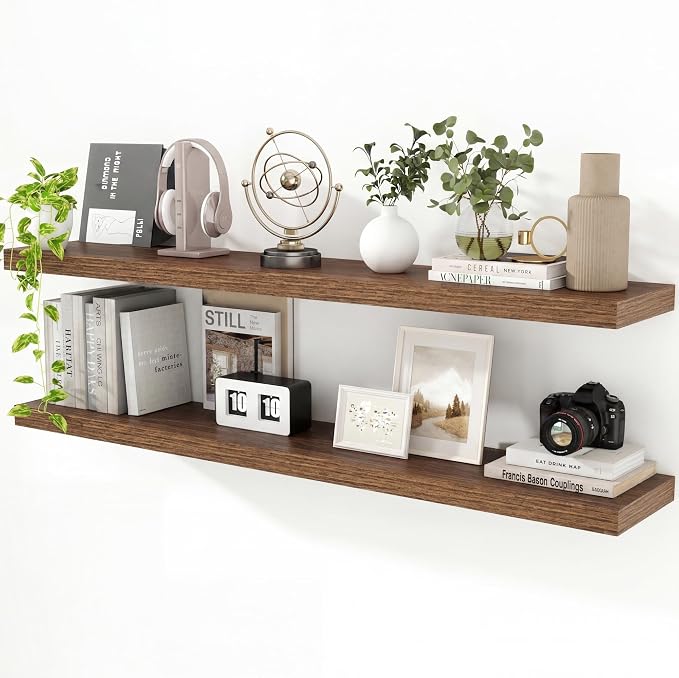 55 inch Floating Shelves for Wall, 9.3in Deep Walnut Shelves Wall Mounted Floating Shelf, Extra Long Wall Shelf for Living Room, Kitchen, Office, Floating TV Stand, 2 Packs