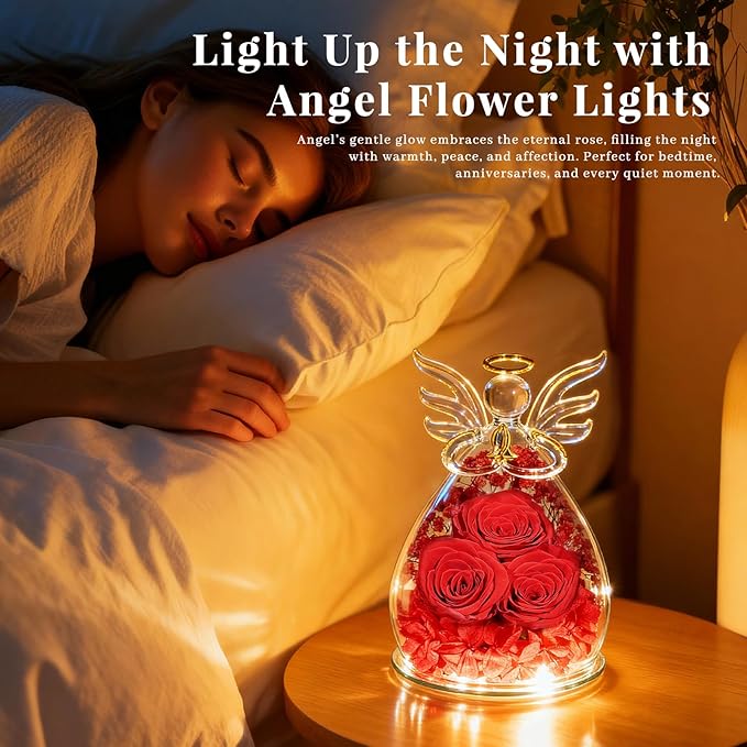 Beferr Mothers Day Mom Birthday Gifts for Women, Fresh Flowers for Delivery Forever Preserved Rose in Glass Angel Figurine, Anniversary Christian Real Rose for Grandma Nana Wife Mum from Daughter Son
