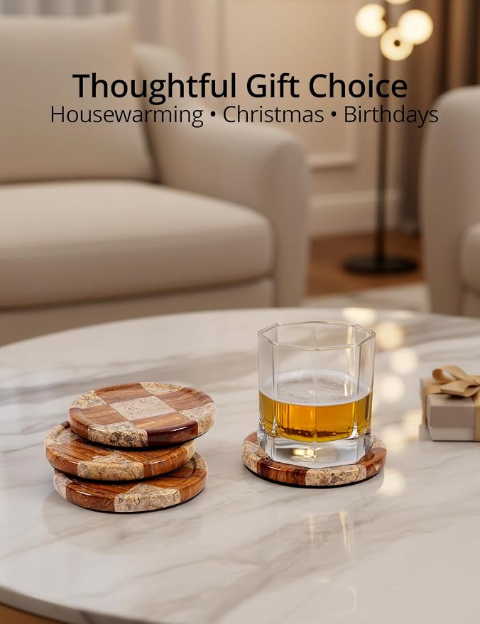Marble Coasters Set of 4, Coral & Red Handmade 4 inch Round Natural Marble Coaster, Elegant Drink Checkered Coaster Plates for Coffee Table, Stylish Bar Accessories & Home Décor