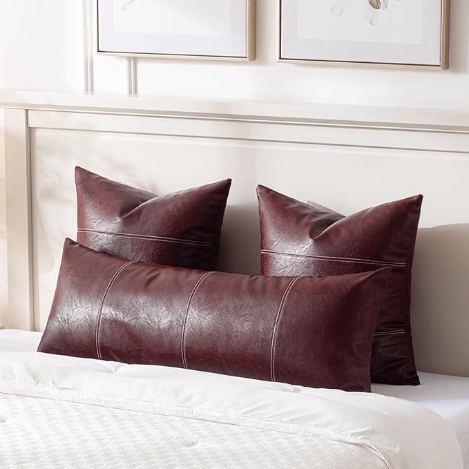 Fancy Homi Burgundy Boho Long Lumbar Faux Leather Decorative Throw Pillow Covers 14x36 Inch for Living Room Couch Bed Sofa, Hand Stitched Rectangle Cushion Case, Rustic Modern Farmhouse Home Decor