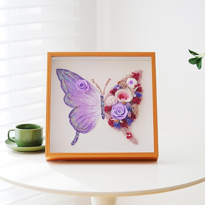 ADDWel Preserved Real Rose Butterfly Shadow Box - 12x12 3D Handmade Eternal Flower Wall Art, Unique Birthday Anniversary Purple Gifts for Women, Mom, Wife, Grandma