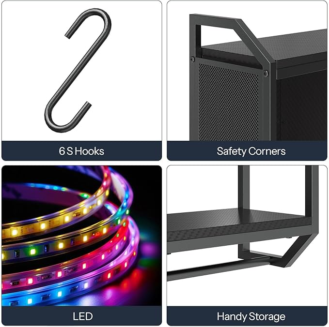 HOOBRO Gaming Floating Shelves with LED Lights, 28.7" LED Wall Mounted Shelf, 3-Tier Display Rack for Wall Storage, Floating Rack with Hanging Rod and 6 S-Hooks, for Gaming Room, Black BB70DBJ01