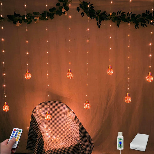 YOLIGHT Wishing Ball Curtain Lights 200 LED Window Curtain String Lights with Remote, USB Battery Powered Twinkle Globe Fairy Lights for Party Bedroom Christmas Halloween Decoration (Orange)