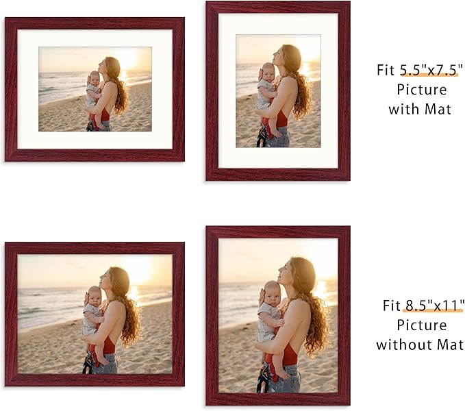 Picrit 8.5x11 Picture Frame Set of 12, Display 6x8 with Mat or 8.5 x 11 without Mat, Photo Frames for Wall Mounting or Table Top Display, Dark Red Wood
