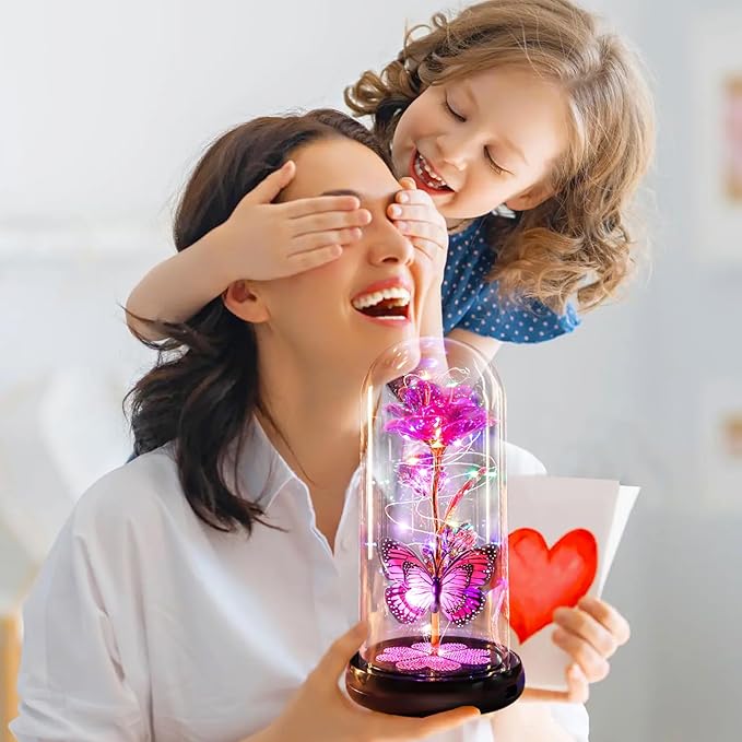Mothers Day Rose Gifts for Mom Birthday Gift, Rechargeable Galaxy Glass Rose in Glass Dome Crystal Roses Butterfly Anniversary Mother's Day Flowers Gifts for Women Mom Wife Grandma Daughter, Pink