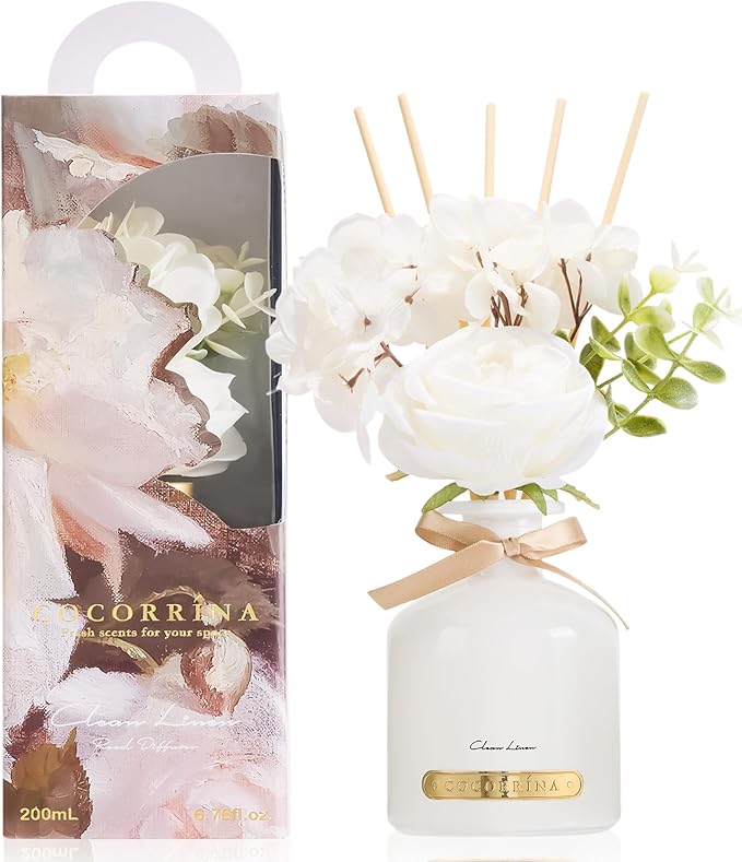 COCORRÍNA Reed Diffuser Set, 6.7oz Flower Reed Diffuser with Sticks, Clean Linen Essential Oil, Long Lasting Home Fragrance for Bathroom, Bedroom & Shelf Decor, Aesthetic Gift for Women