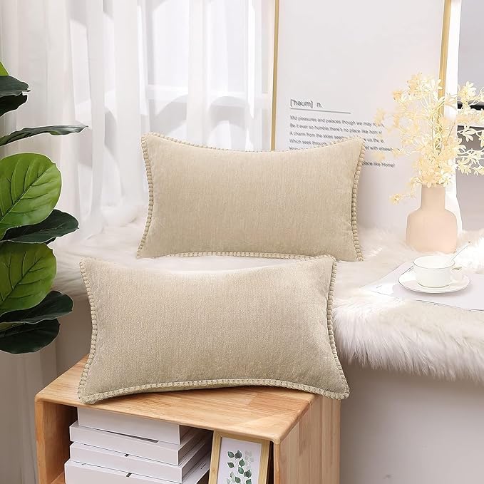 decorUhome Summer Chenille Soft Cozy Throw Pillow Covers 12x20 Set of 2, Modern Farmhouse Boho Velvet Decorative Pillow Cases with Stitched Edge for Couch Sofa Bed Home Decor, Beige
