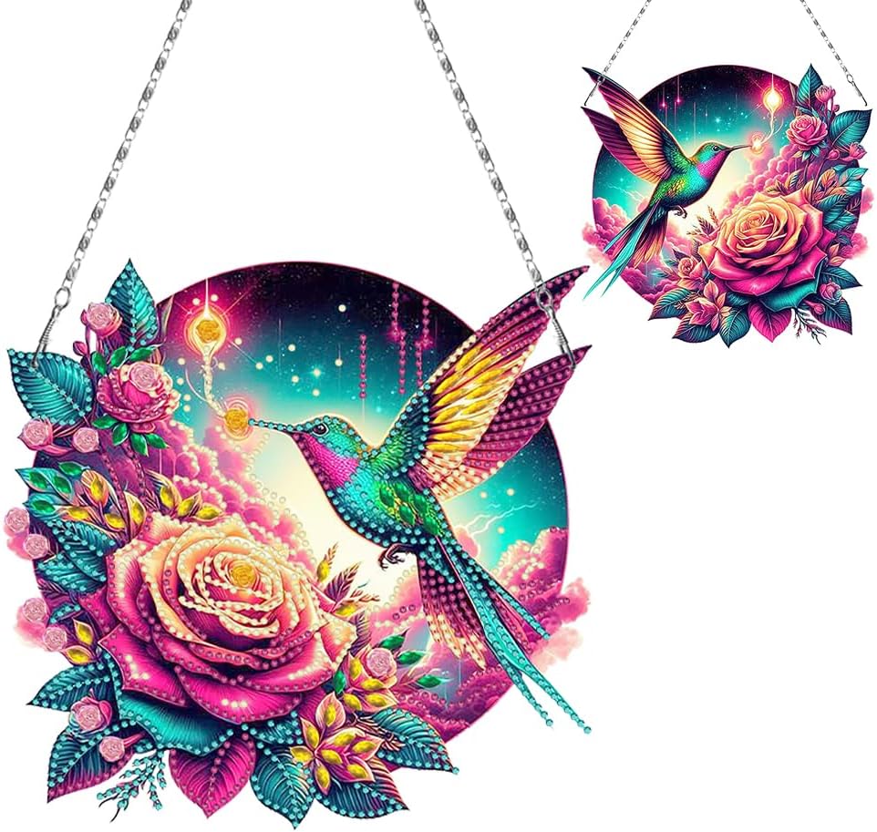 Flowers Hummingbird Diamond Art Kits,5D Diamond Hanging Ornament Kits,DIY Special Shaped Diamond Dot Kits,Home Porch Crystal Hanging Pendant Ornament (Colorful1)