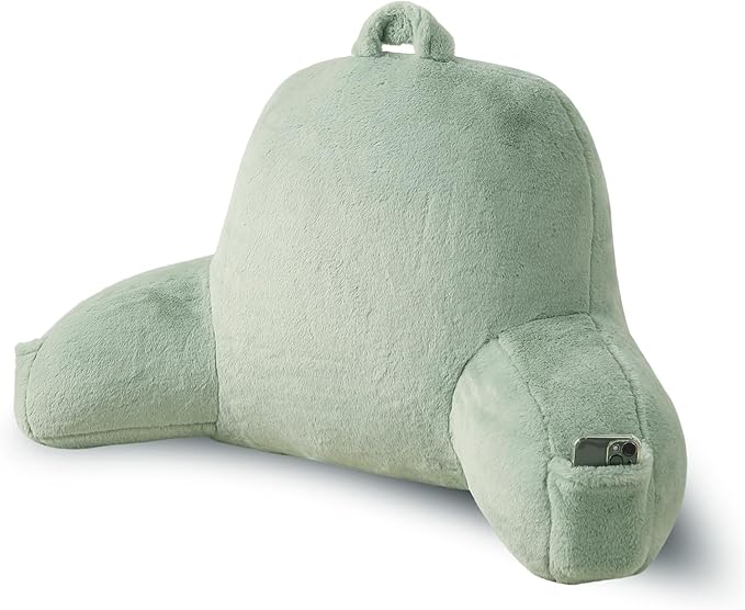 Soft Reading Pillow for Bed with Arms,Middle,Green,Faux Fur | 17" Backrest with Arms for Gaming & Lounging,Oeko-TEX Certified Plush Back Pillow for Teens Room