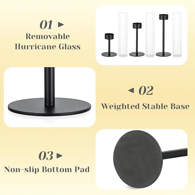 Hewory Black Taper Candle Holders: Candlestick Holders Set of 6 Hurricane Glass Tall Candle Holder for Candlesticks Candle Sticks Holder Decor for Table Centerpiece Wedding Party Christmas Decorations