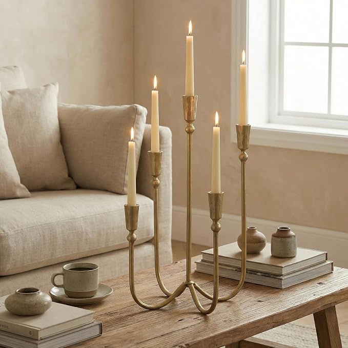BANOMII Large Iron Candelabra Centerpieces for Tables, 17.7'' Tall Taper Candle Holders, Vintage Brass Gold Candlestick Holders, Antique Fireplace Mantel Decorations for Living Room, 5 Arms