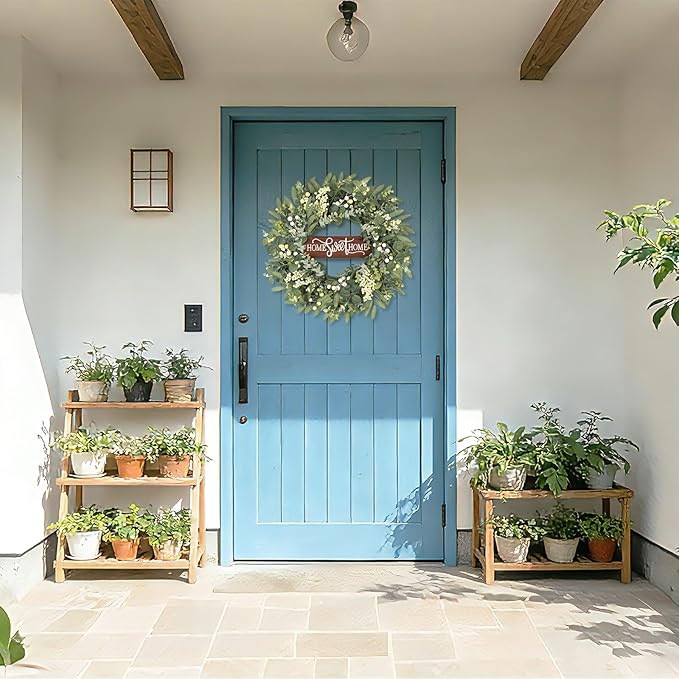 Artificial Eucalyptus Wreaths for Front Door, Spring Summer Wreath with Welcome Home Sign, Olives Leaves, Mixed Berries for Indoor Outdoor Farmhouse Porch Wall Window Festival Décor 20 Inch